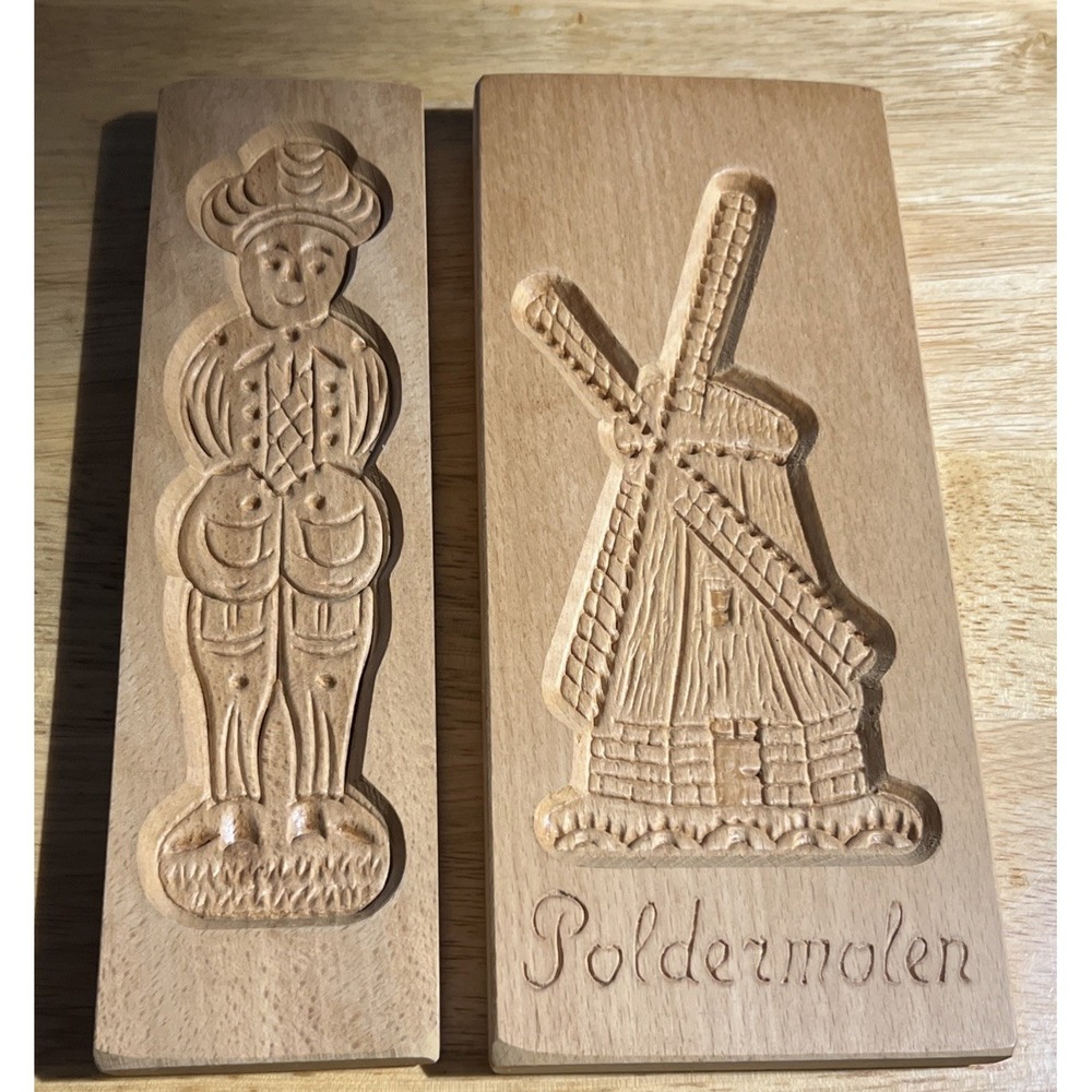 Lot of 2 Dutch Holland Cookie Biscuit Mold Springerle Windmill Wipmolen Girl